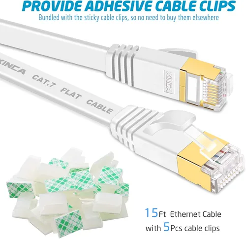 Vista 2 de Cable Ethernet plano Cat 7 de 15 pies, color blanco, de alta velocidad de 10 GB blindado (STP), cable de red LAN de Internet Ethernet Patch Cable