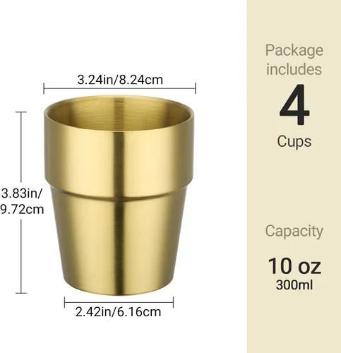 Vista 2 de Beasea Vaso aislado de acero inoxidable, juego de 4 vasos de acero inoxidable dorado de 10 onzas, vasos apilables de metal de doble pared
