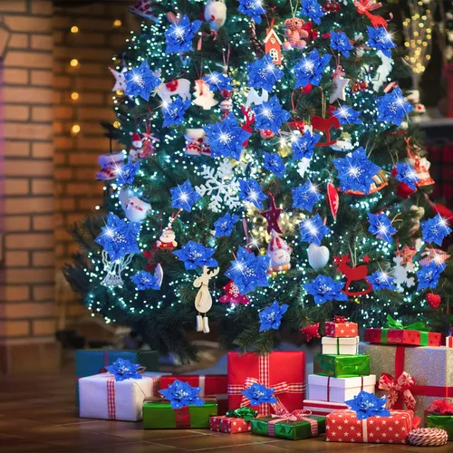 Vista 7 de Boao 24 piezas de flores de Pascua artificiales con purpurina, flores de Pascua para decoración de boda, árbol de Navidad, 3/4/6 pulgadas (azul)