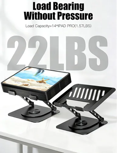 Vista 5 de Soporte ajustable para laptop con base giratoria de 360°, soporte para computadora portátil ergonómico plegable elevador para computadora portátil