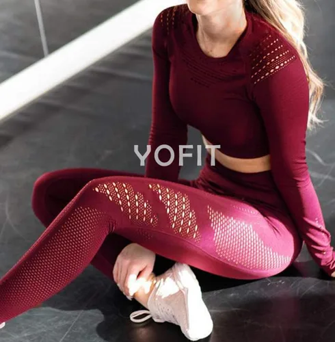 Vista 4 de YOFIT - Conjunto deportivo de 2 piezas leggings de yoga de cintura alta sin costuras y crop top con manga larga para mujer, juego de ropa