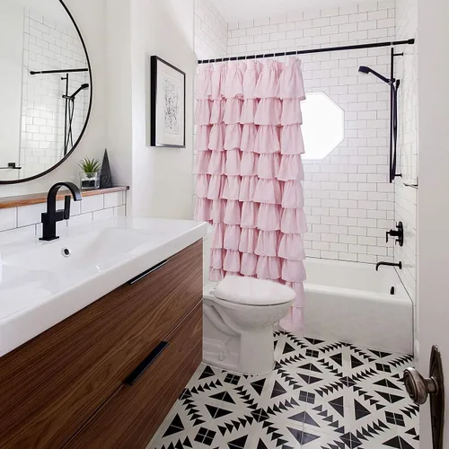 Vista 6 de Volens - Cortina de baño de tela con volantes, estilo rústico de granja, color rosa, para baño, 72" x 72