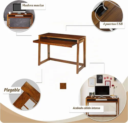Vista 4 de Casual Home Escritorio plegable con puertos extraíbles y USB Café cálido
