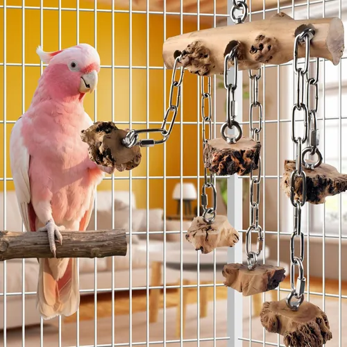 Vista 4 de DBNESS Juguetes para pájaros para loros, bloques de madera dura de madera duradera con acero inoxidable para colgar, juguete masticable natural