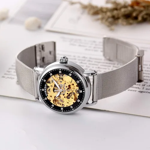 Vista 3 de RORIOS Reloj mecánico automático para mujer, esfera esquelética, correa de acero inoxidable, relojes de pulsera para mujer