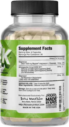 Vista 2 de Bored Nutrition M2K: Magteína Magnesio L-treonato y Ashwagandha Suplemento - 1500 mg Magteína, 300 mg KSM-66, más 200 mg de magnesio