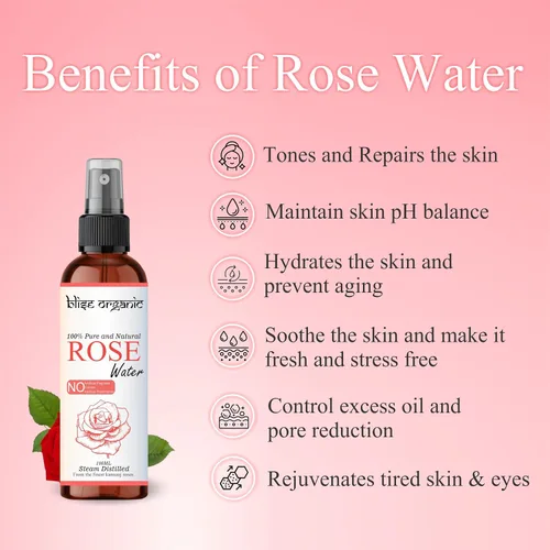 Vista 3 de Blise organic Agua de rosas 100% pura, natural y orgánica, libre de conservantes, destilada al vapor de los mejores pétalos de rosa, sin alcohol