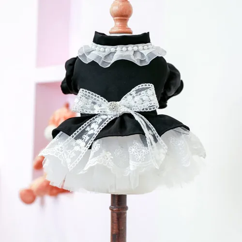 Vista 4 de Ropa para perros pequeños, vestidos de terciopelo para perro, lindo vestido de princesa con lazo, ropa para mascotas, trajes de verano de encaje