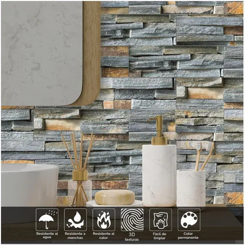 Vista 4 de TUOKING 3 Piezas Azulejos Despegar y Pegar para Salpicadero de Cocina 4"x 12" PVC Autoadhesivos Subway Mate Imitación Piedra Panel de Pared Ladrillo