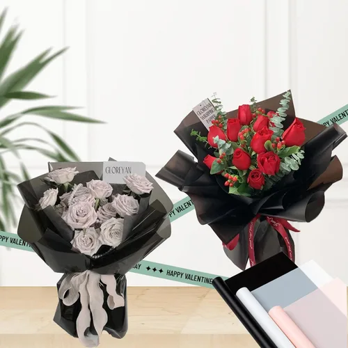 Vista 4 de Gloreyan 20 hojas de papel de regalo de flores negras, ramo de floristería para manualidades, ramo de flores frescas, envoltura impermeable, caja