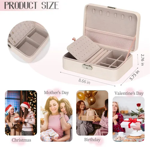 Vista 6 de Joyero de viaje en cuero acolchado, caja de joyería rectangular multifunción regalos de cumpleaños para mujer (morado)