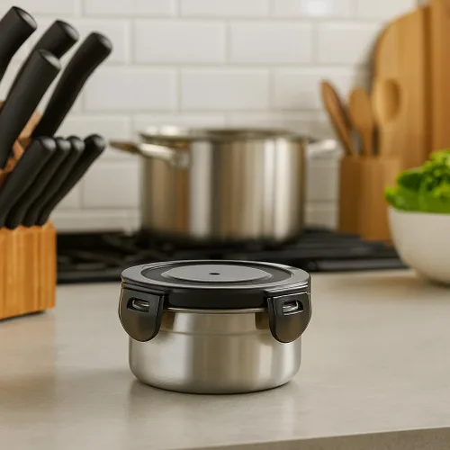 Vista 5 de Paquete de 3 recipientes pequeños de condimentos y inmersión de 4 onzas con tapas a prueba de fugas, tazas de salsa reutilizables de acero