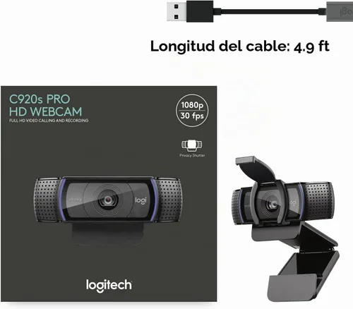Vista 7 de Logitech Webcam HD Pro C920S 1080p USB, 960-001252 (1080p USB incluye cubierta a lente)