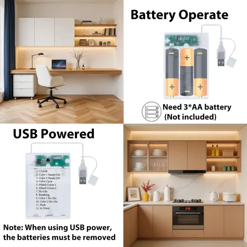 Vista 4 de Paquete de 3 Tiras de Luces LED de 6.6 Pies Alimentadas por Batería, Tira de Luz LED Blanca Cálida y Blanca Fría Alimentada por Batería, Luz