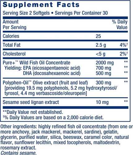 Vista 3 de Life Extension Aceite de pescado Super Omega-3 EPA/DHA, lignanos de sésamo y extracto de oliva. Salud cardíaca, salud cerebral, apoyo para la salud