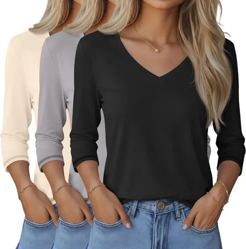 Vista 37 de Ficerd Paquete de 3 camisetas de manga 3/4 para mujer, cuello en V, blusas holgadas, blusas casuales, ropa de moda 2026