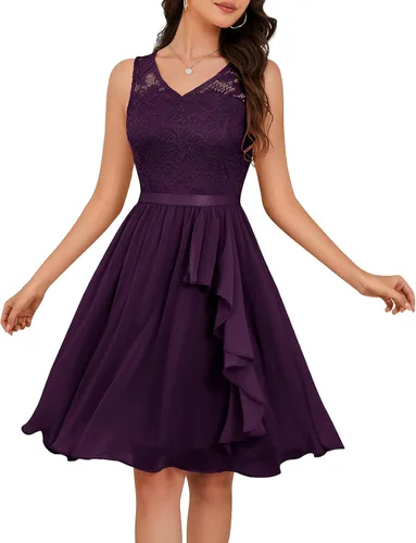 Vista 14 de Meetjen Vestidos de cóctel para mujer 2025 con dobladillo tipo pañuelo, encaje, formal, para invitada de boda, dama de honor, elegante, para Negro