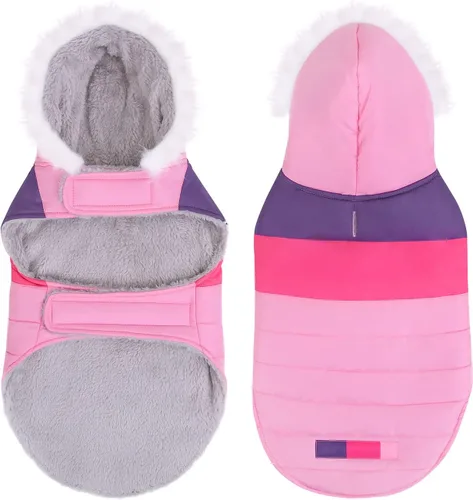 Vista 3 de HDE Chaqueta acolchada para perro, con forro polar, abrigo de invierno cálido para perro con agujero para arnés a rayas rosas, talla S Raya rosa