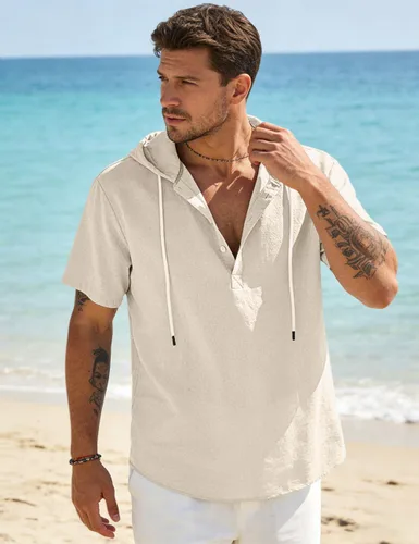 Vista 2 de Sudaderas con capucha de algodón y lino para hombre, camisa de manga corta con botones, camisa de verano hawaiana con cordón