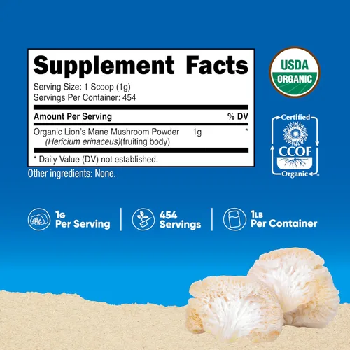 Vista 2 de Nutricost Polvo orgánico de hongo melena de león de 1 libra, certificado orgánico USDA