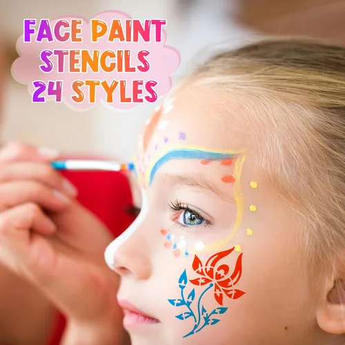 Vista 2 de Chinco 24 plantillas de pintura facial, plantillas de tatuajes faciales y corporales, plantillas de pintura para niños, vacaciones, Halloween