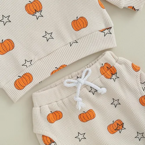 Vista 7 de Kayotuas Conjunto de camisa y pantalones de manga larga con cuello redondo para bebé, disfraz de calabaza, fantasma, calabaza, fantasma, camiseta