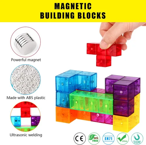 Vista 3 de Bloques de construcción magnéticos, cubos magnéticos 3D, juego de 7 bloques magnéticos multiformas con 54 tarjetas guía, desarrollo de inteligencia