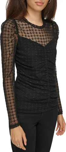Vista 3 de Karl Lagerfeld Paris Blusa de manga larga de malla de pata de gallo para mujer