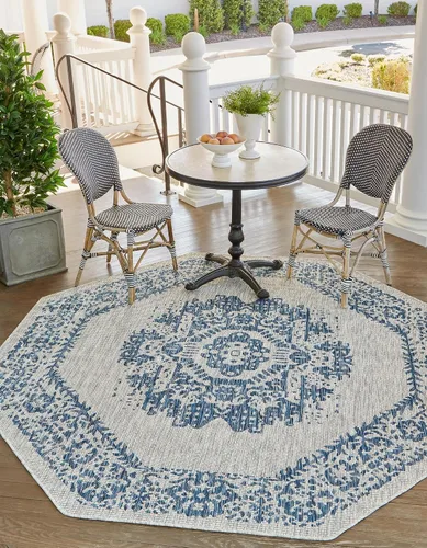 Vista 2 de Unique Loom Alfombra de la colección tradicional para exteriores, desgastada durante el tiempo (octágono de 5 pies y 3 pulgadas, azul/gris)