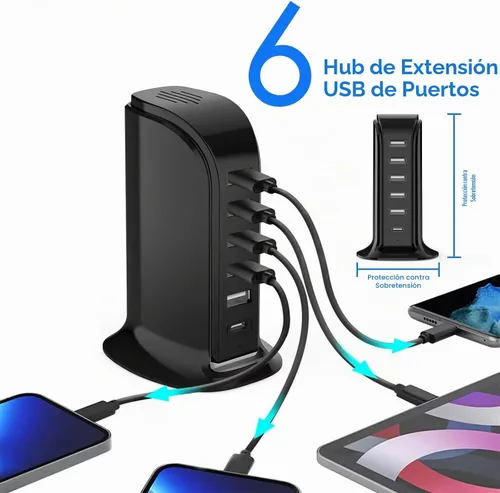 Vista 3 de Estación de carga USB para múltiples dispositivos, torre de carga multipuerto, puerto USB-C compatible con carga rápida PD compatible con iPhone