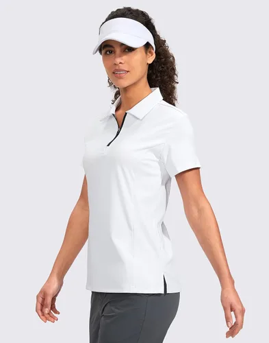 Vista 3 de Viodia Camisa de golf para mujer, manga corta, con cremallera, de secado rápido, elástica, con cuello de tenis, ropa de golf