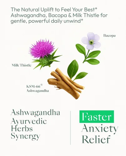 Vista 4 de Suplementos de Ashwagandha para mujeres y hombres - KSM-66 con bacopa y cardo mariano, 60 cápsulas veganas - Alivio del estrés, estado de ánimo