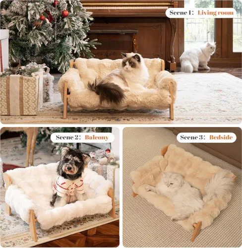 Vista 6 de Cama de Sofá Elevada para Gatos de Interior, Sofá de Madera para Gatos con Funda Esponjosa Lavable Extraíble, Silla de Descanso para Gatitos Sofá