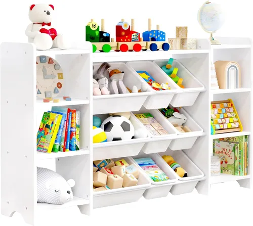 Vista 8 de MallBest Estante organizador de almacenamiento de juguetes para niños de 4 niveles, 100% madera maciza, armario de almacenamiento extra ancho