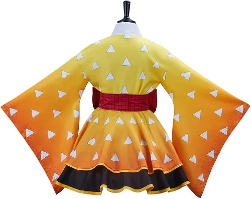 Vista 5 de BYHai Anime Demon Slayer Agatsuma Zenitsu Kimono Cosplay Disfraz japonés Lolita Kimono Vestido de criada Traje Adulto