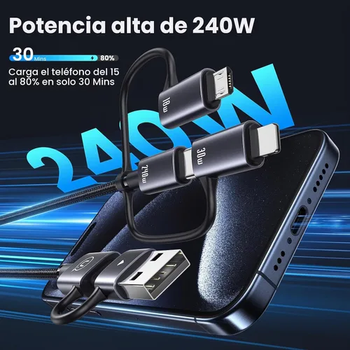 Vista 6 de Cable de carga múltiple de 240 W, cable USB C 6 en 1 de 4 pies, cables de carga rápida con puertos USB-C/A a conectores IP/tipo C/micro para Negro