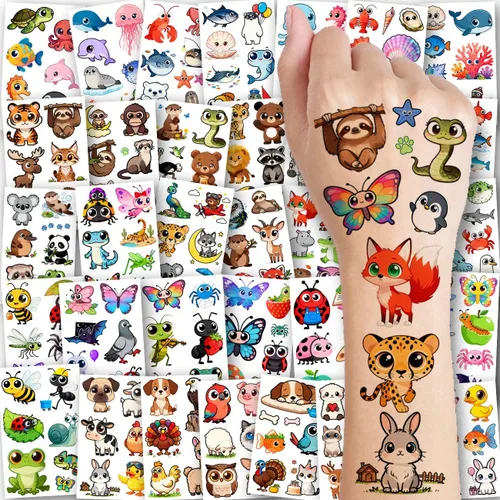Vista 2 de CHARLENT 36 hojas de tatuajes temporales de animales para niños 232 Mixed Cute Animals Tattoo Stickers for Boys Girls Birthday Party