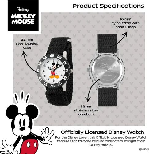 Vista 3 de Disney Mickey Mouse Reloj para niños con bisel de acero inoxidable, profesor de tiempo analógico, correa de nylon