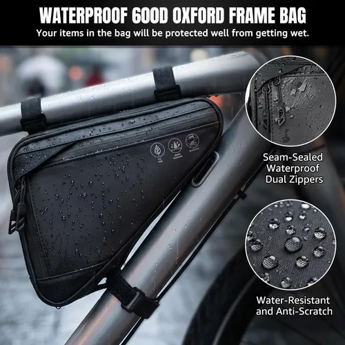 Vista 2 de Bolsa de almacenamiento para cuadro de bicicleta WOTOW, bolsa triangular reflectante resistente al agua con dos bolsillos laterales, bolsa
