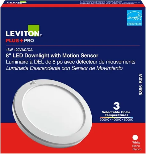Vista 8 de Leviton Downlight LED con sensor de movimiento, redondo de 8", blanco, 9866-B0W