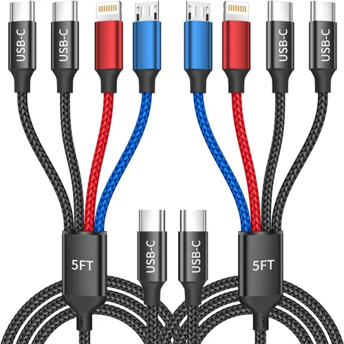 Vista 4 de 4-IN-1 USBC Multi Charging Cable, 5FT Phone Charger Cord Travel Essentials Universal Charger with 2xType-C/L/Micro USB Ports, Braided Travel