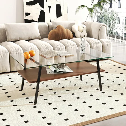 Vista 4 de Mesa auxiliar de cristal para sala de estar, mesa de centro de 2 niveles de mediados de siglo, mesa central con parte superior de vidrio templado
