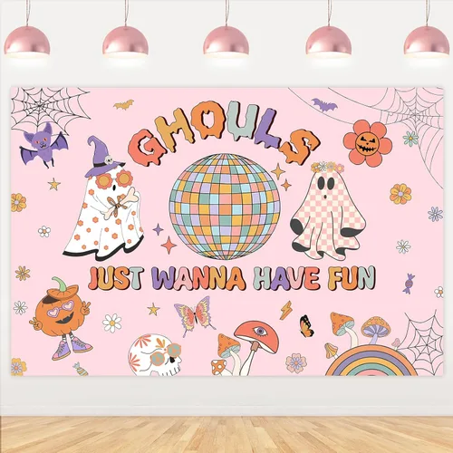 Vista 10 de Groovy - Decoración de fiesta de cumpleaños de Halloween, 7 x 5 pies, pancarta de fondo de feliz día de abucheo para niña, decoración bohemia arco