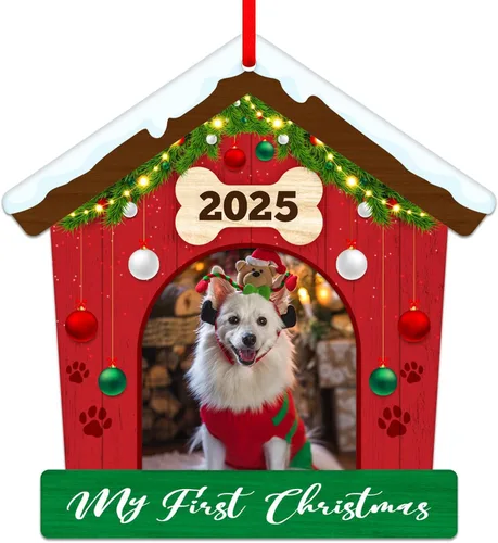 Vista 9 de FLYAB Adornos de la primera Navidad de Perros 2025-3.5 x 3.3 pulgadas, marco de fotos de perro acrílico, adorno personalizado para cachorro, adorno