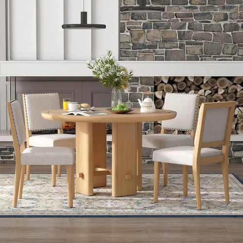 Vista 21 de VilroCaz Juego de comedor funcional retro de 5 piezas, mesa de comedor extensible de madera maciza con una hoja de 16 pulgadas y 4 sillas tapizadas