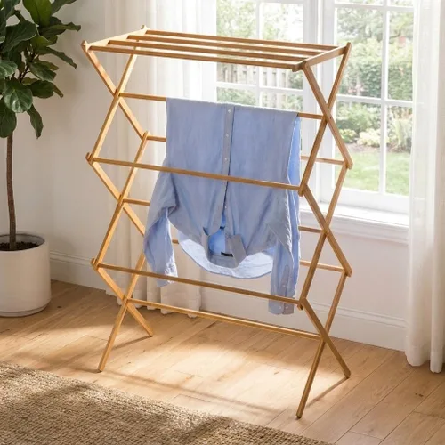Vista 8 de Household Essentials Estante de secado de ropa plegable de bambú, estante de lavandería de lujo con 11 clavijas, respetuoso con el medio ambiente