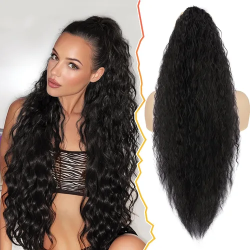 Vista 16 de BARSDAR Extensión de cola de caballo rizada ondulada con cordón negro marrón – 22 pulgadas de extensión de cabello sintético con peine de clip