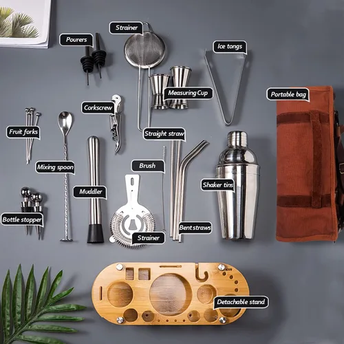 Vista 3 de DUEBEL Kit de barman Juego de herramientas de barra de mixología profesional de 24 piezas con bolsa de viaje y elegante soporte de bambú