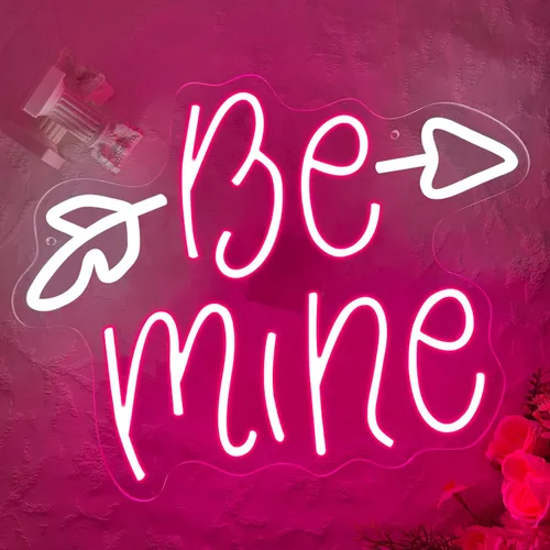 Vista 4 de Letrero de neón "Be Mine", Letrero de luz LED regulable para decoración de arte en la pared, fondo rosa y blanco para dormitorio, club, fiesta, bar