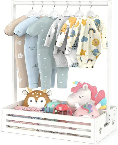 Vista 11 de BAMBOOHOMIE Perchero para Ropa de Bebé para Niños Pequeños, Perchero para Ropa de Mascotas con Caja de Almacenamiento y Barra Colgante Ajustable